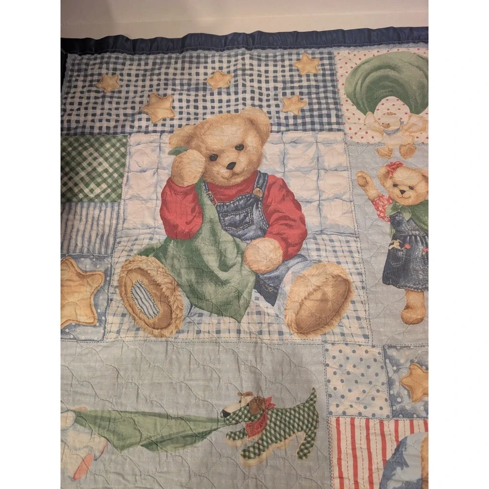 Vintage Blue Jean Teddy Bear Quilt Baby Crib Blanket 42x33 Nursery 90s